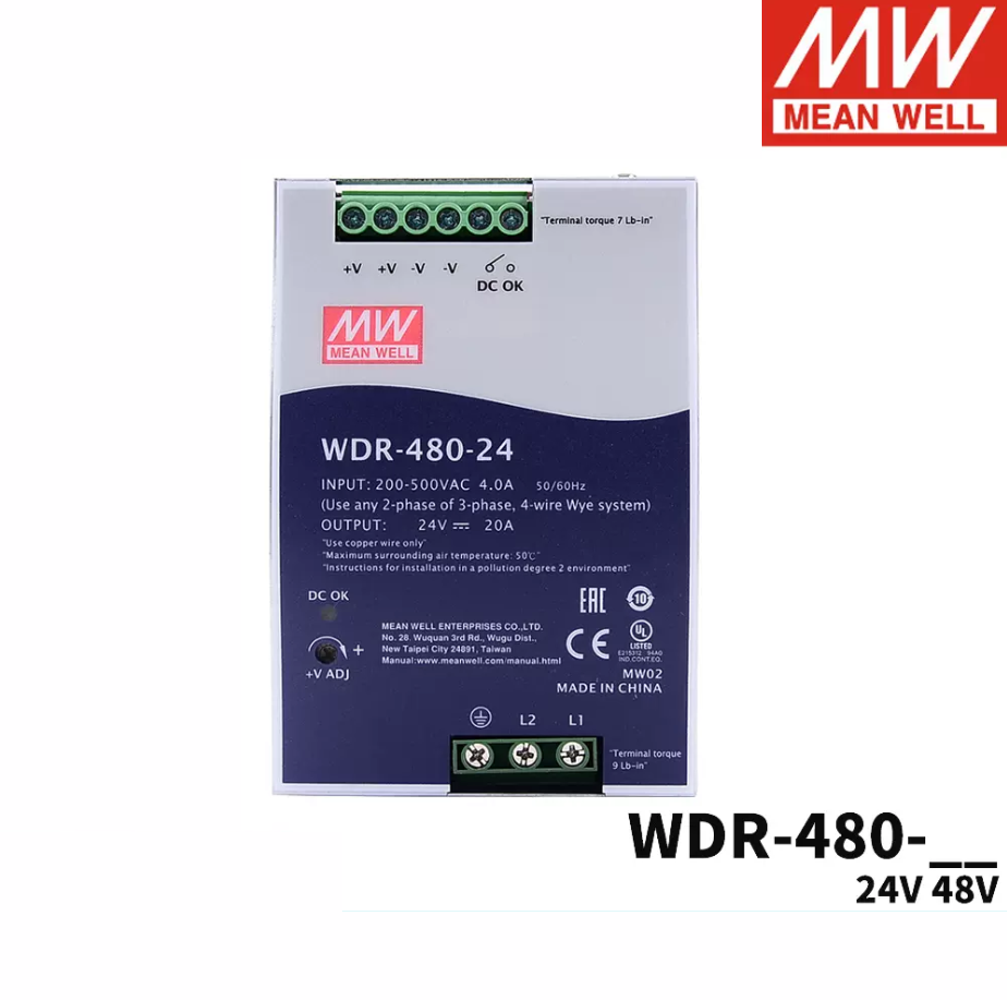 MEAN WELL  WDR-480 rail 480W switching power supply 220V/380V to 24V 48V MW industrial control PFC