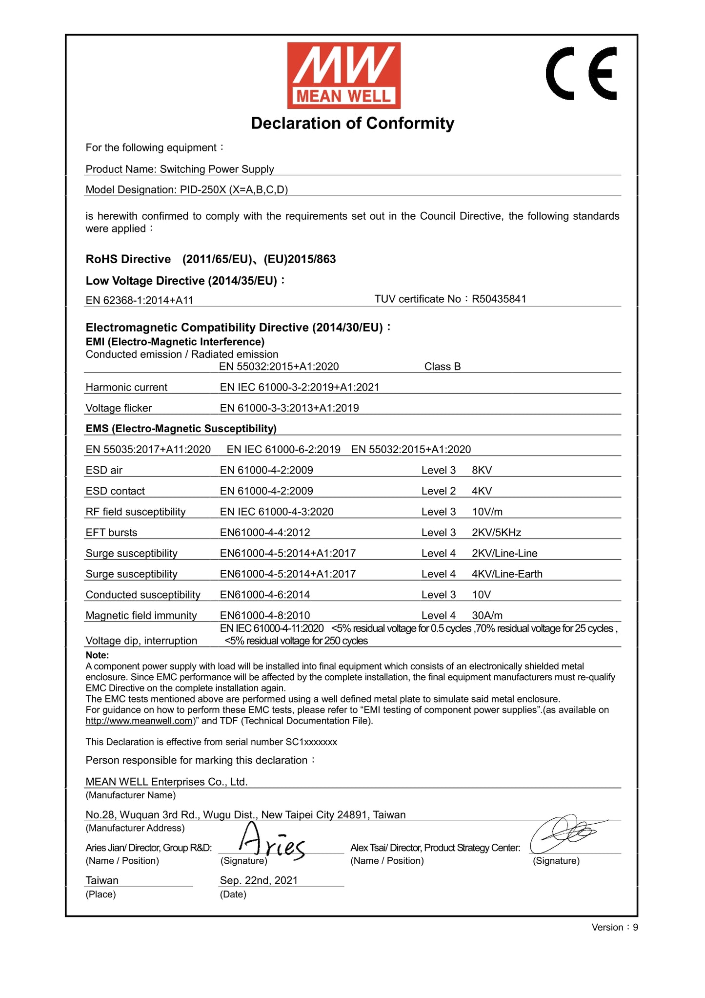 MEAN MELL  Switching power PID-250A/250B/250C/250D 250W Isolated dual output PFC