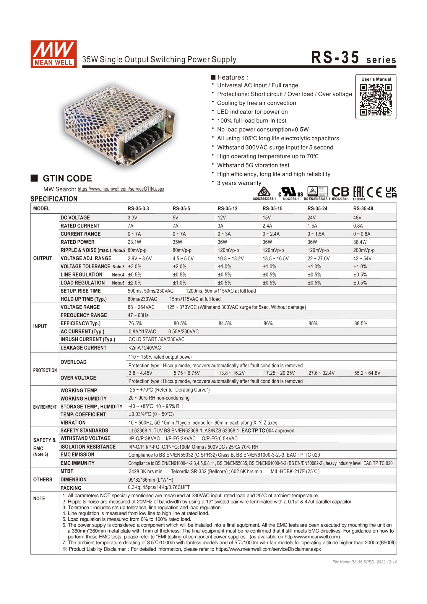 MEAN WELL RS-35 series RS-35-5 RS-35-12 RS-35-24 RS-35-48 Switching power supply 35W