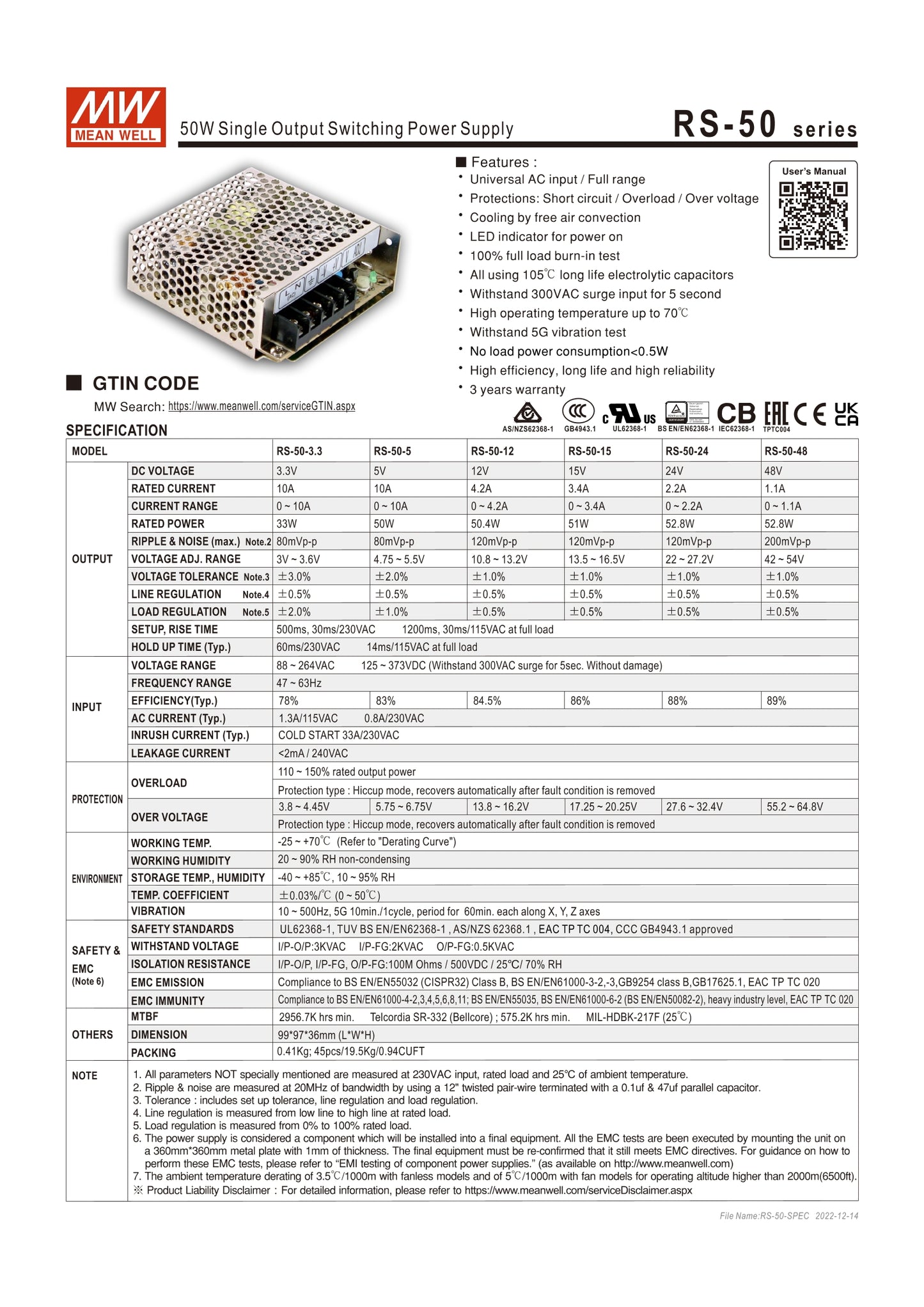 MEAN WELL Switching power supply RS-50 RS-50-3.3 RS-50-5 RS-50-12 RS-50-15 RS-50-24 RS-50-48 50W DC NES/S Voltage regulator 35