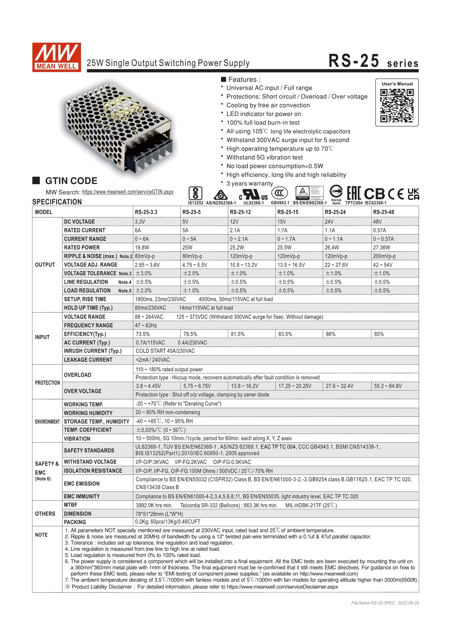 MEAN WELL RS-25 RS-25-5 RS-25-12 RS-25-15 RS-25-24 RS-25-48 25W Single Output Switching Power Supply