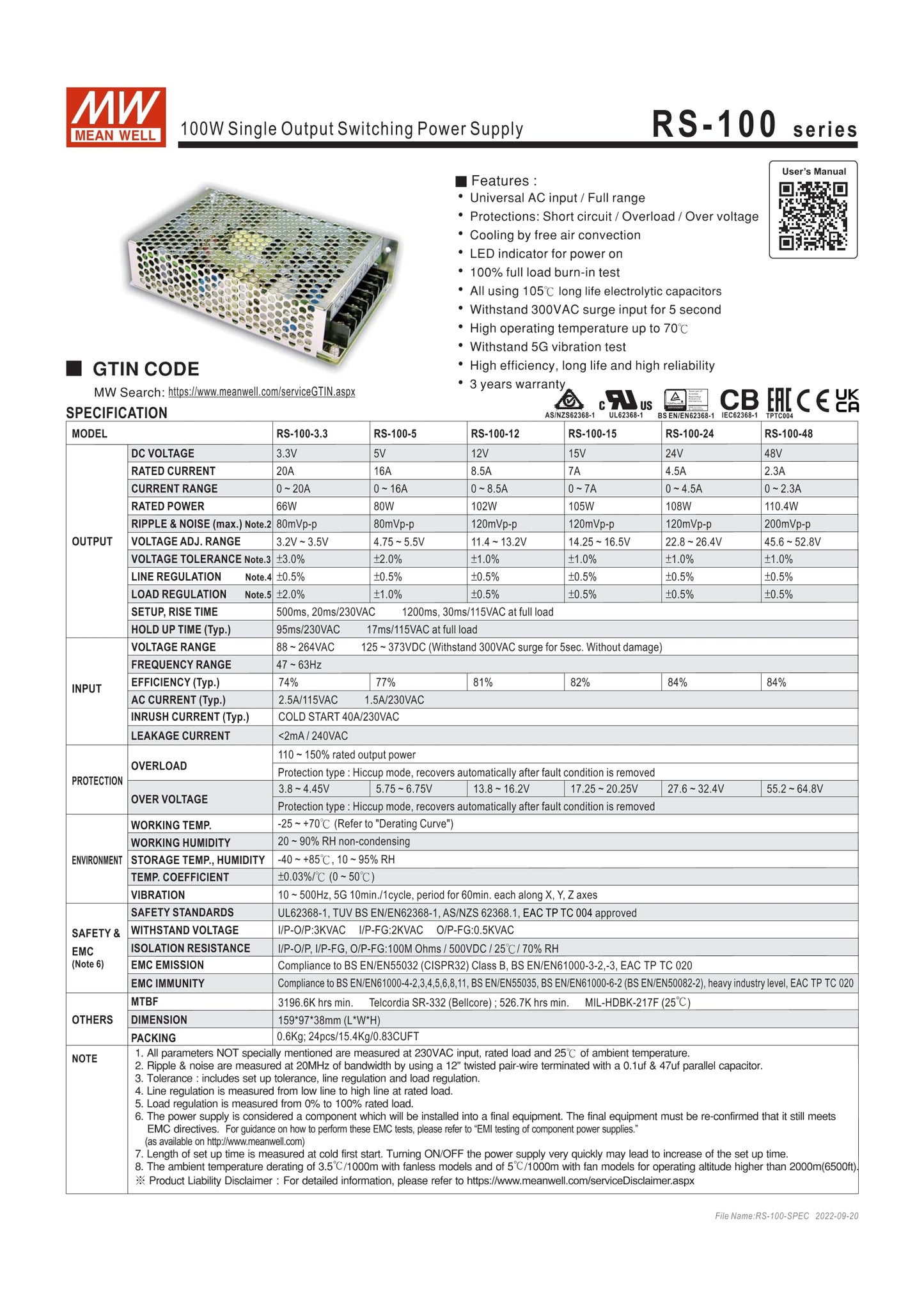 MEAN WELL RS-100 series Switching power supply RS-100-3.3 RS-100-5 RS-100-12 RS-100-15 RS-100-24 RS-100-48 100W