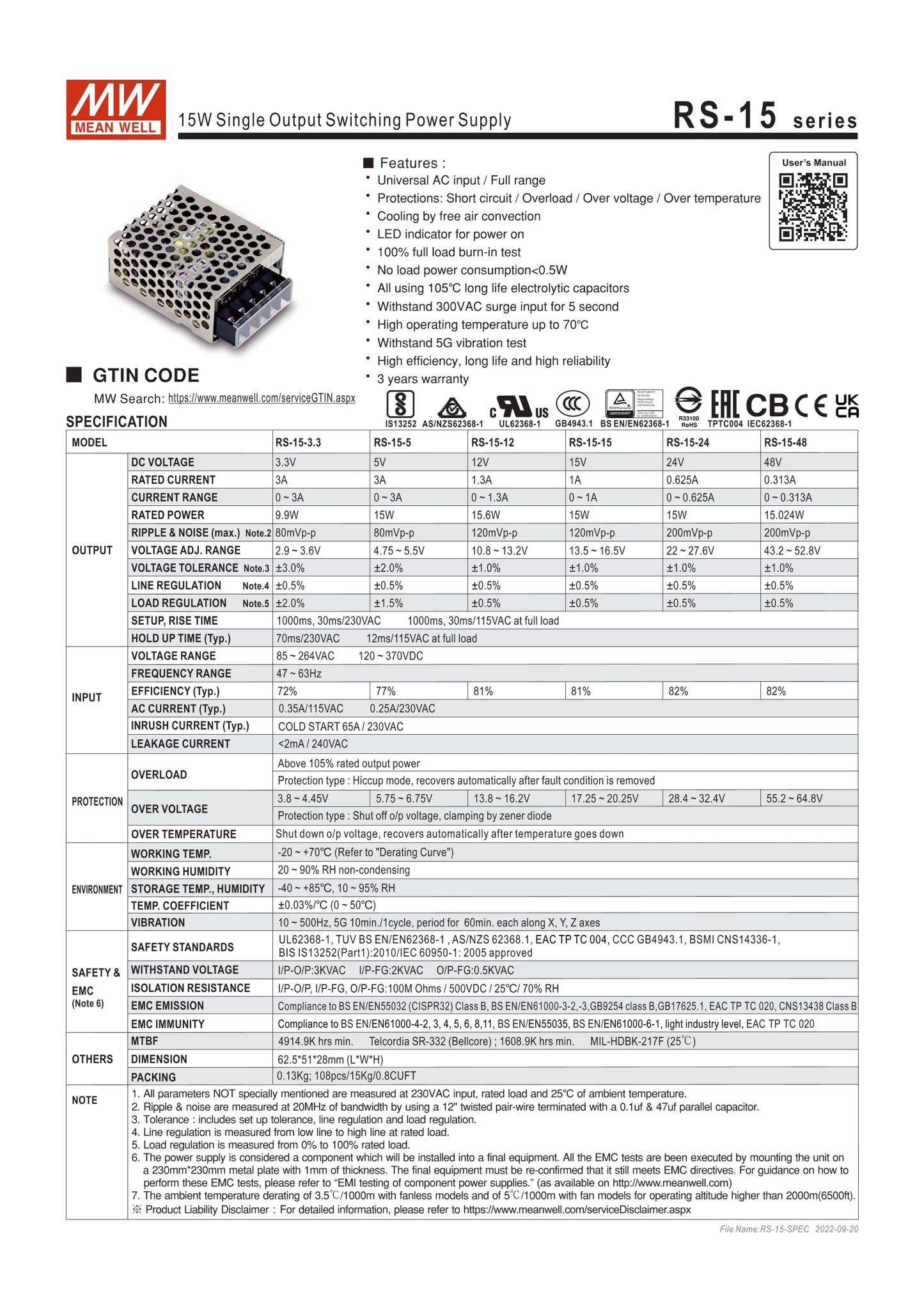 MEAN WELL 5V3A Switching power supply module 3.3/15/48V LED NES/S RS-15 RS-15-3.3 RS-15-5 RS-15-12 RS-15-15 RS-15-24 RS-15-48