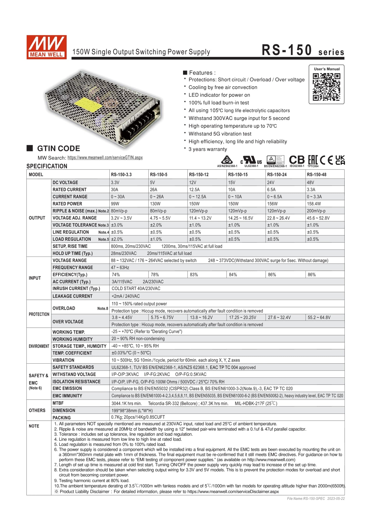 MEAN WELL RS-150 series RS-150-3.3 RS-150-5 RS-150-12 RS-150-15 RS-150-24 RS-150-48 150W Single Output Switching Power Supply