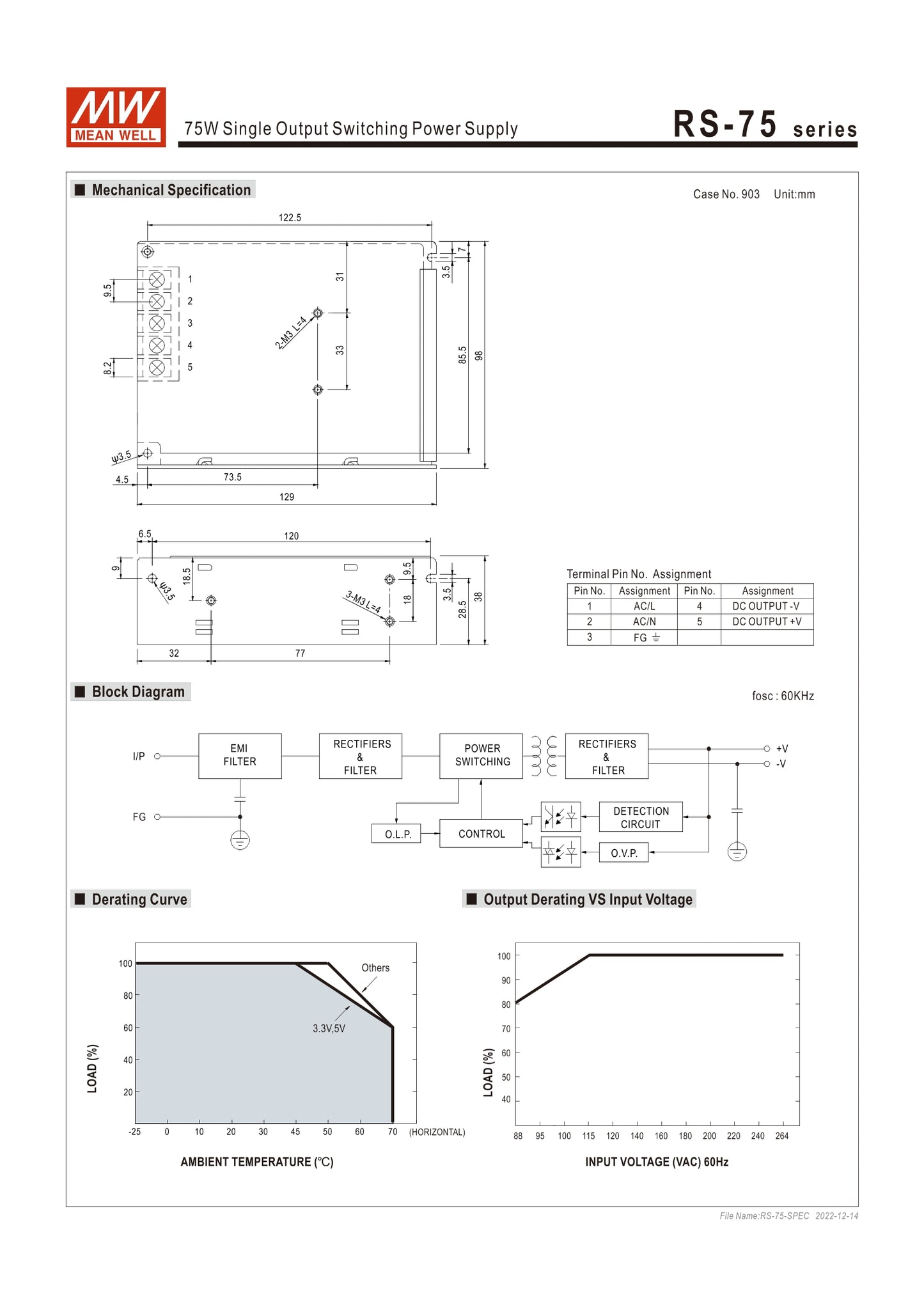 MEAN WELL RS-75 RS-75-3.3 RS-75-5 RS-75-12 RS-75-15 RS-75-24 RS-75-48 75W Single Output Switching Power Supply RS-75 series