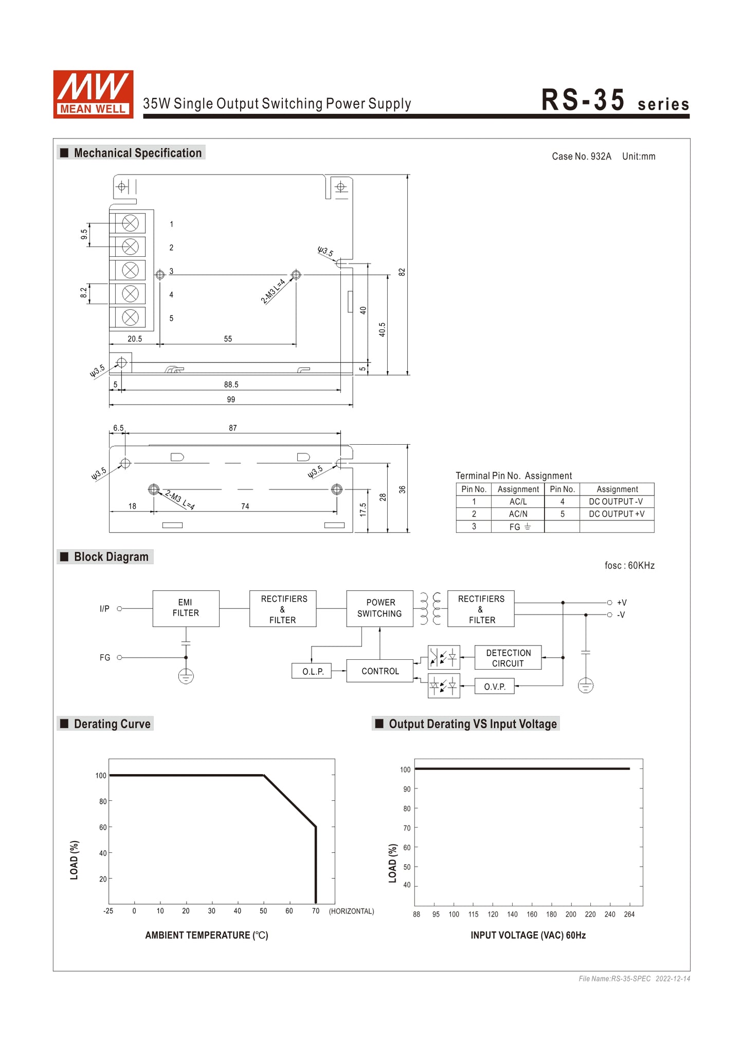 MEAN WELL RS-35 series RS-35-5 RS-35-12 RS-35-24 RS-35-48 Switching power supply 35W