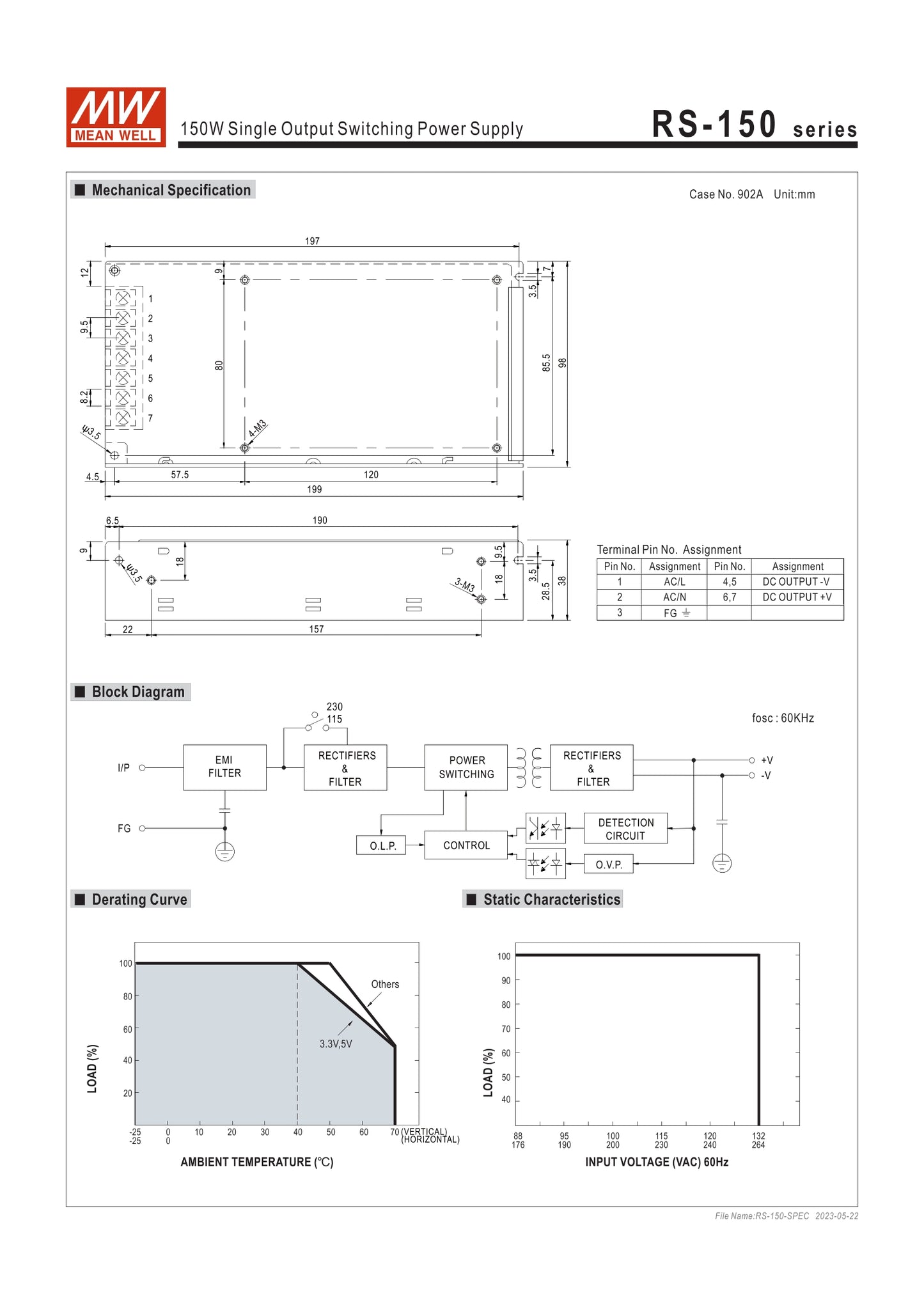 MEAN WELL RS-150 series RS-150-3.3 RS-150-5 RS-150-12 RS-150-15 RS-150-24 RS-150-48 150W Single Output Switching Power Supply