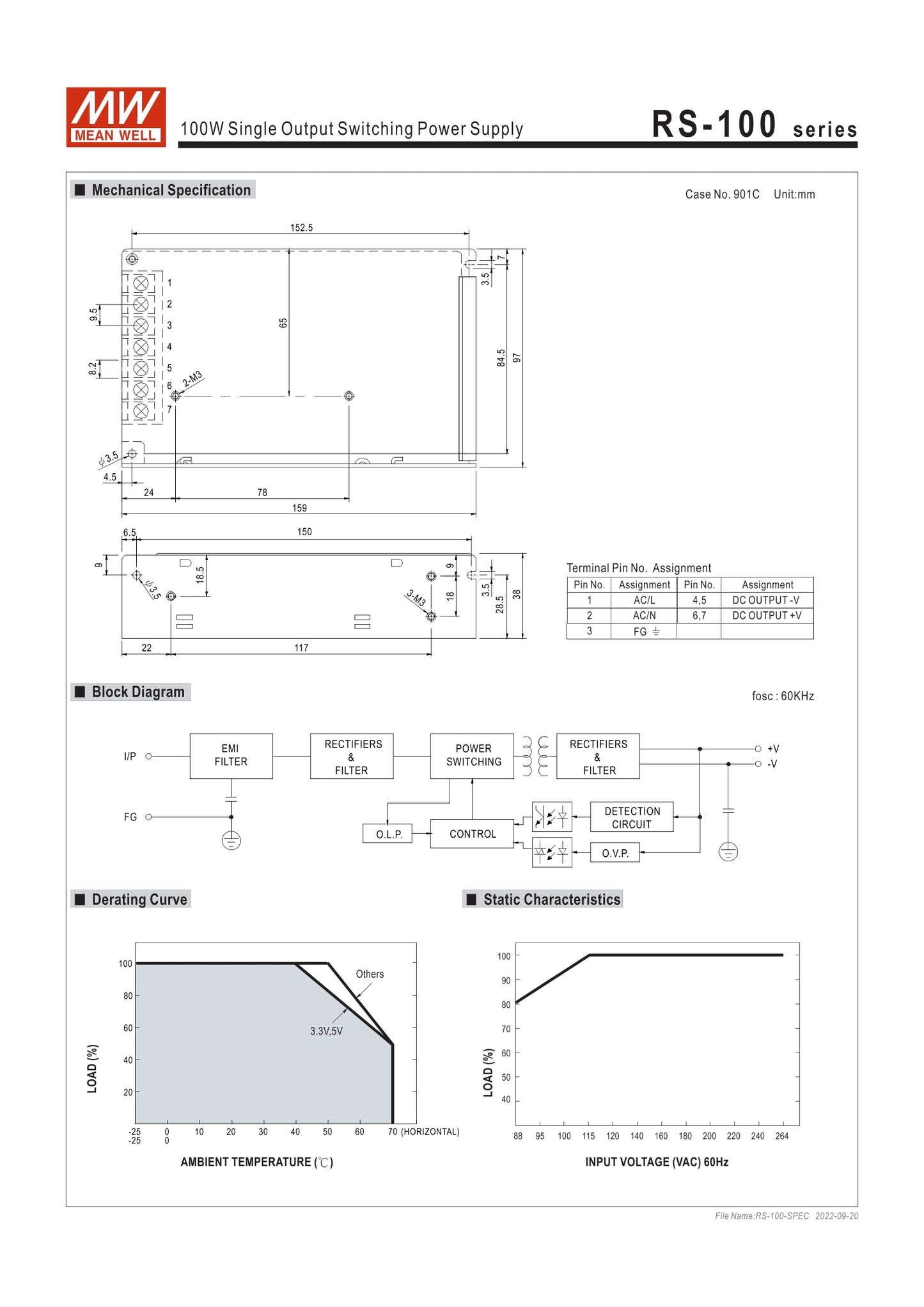 MEAN WELL RS-100 series Switching power supply RS-100-3.3 RS-100-5 RS-100-12 RS-100-15 RS-100-24 RS-100-48 100W