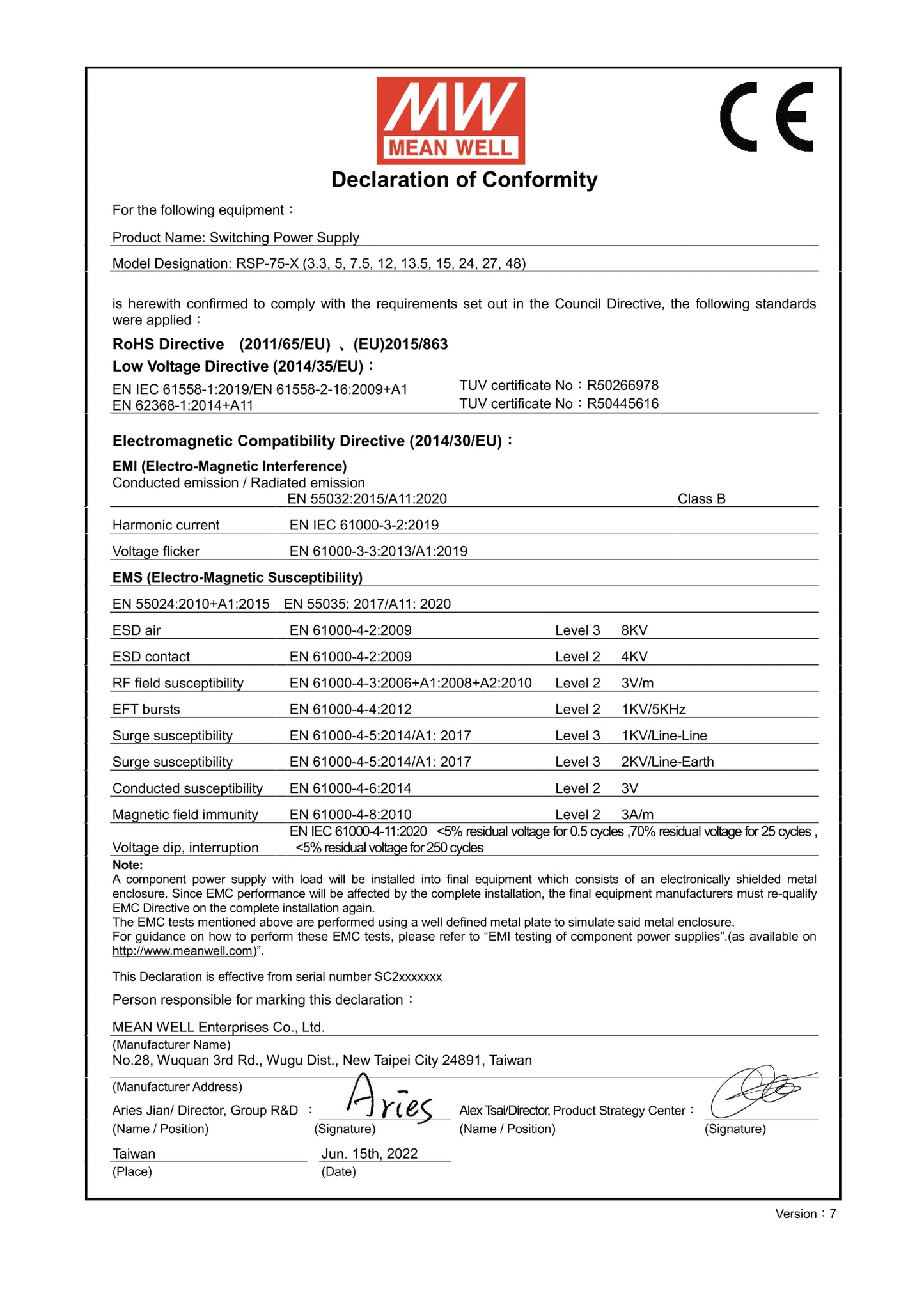 Ming weft switch power RSP-75W /15/27-5/7.5-24/3.3/75/12/13.5 / 48 v/75w Single Output with PFC Function