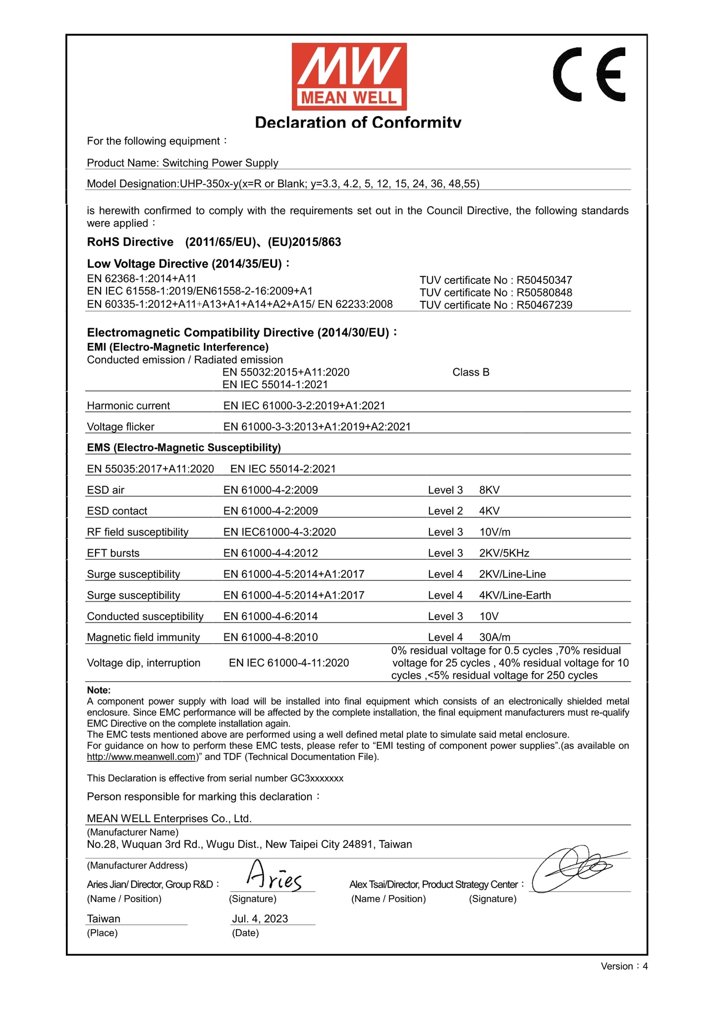 Mean Well  UHP-350R 3.3 4.2 5 12 15 24 36 48 55V Fanless design 350W Slim Type PFC Switching Power Supply Meanwell